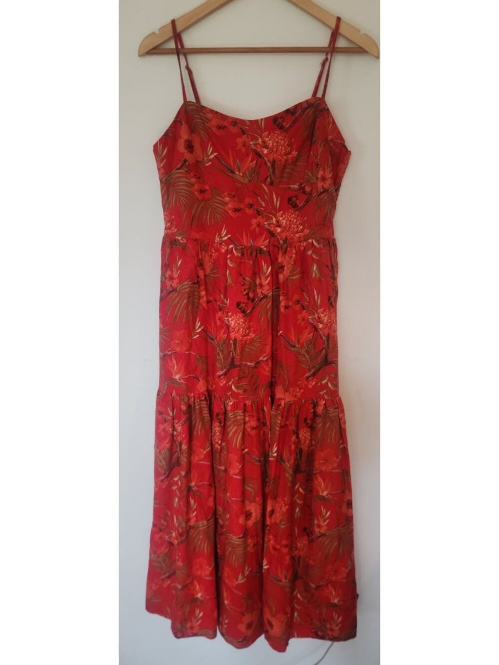 Christian Lacroix Women's Sz. XL Red Floral Linen Blend Tiered Summer Dress
